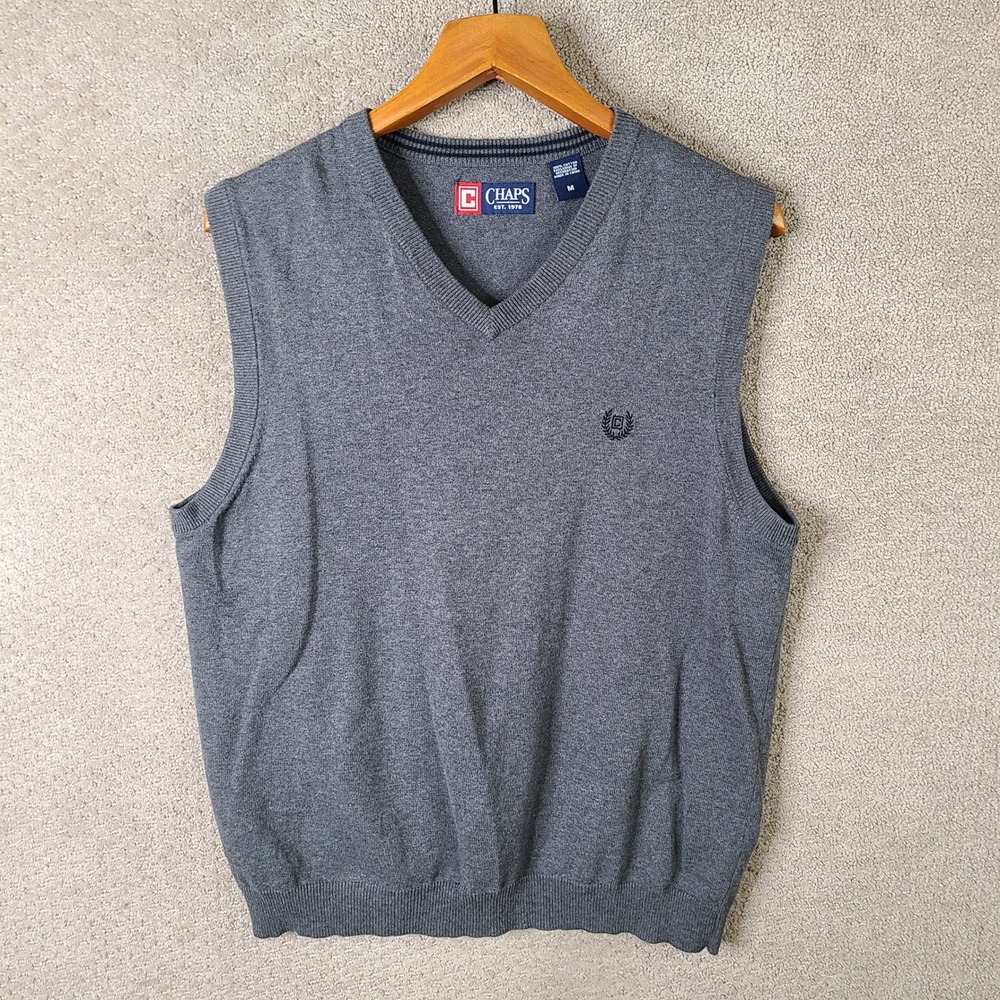 Chaps Sweater Vest Mens M Gray V‎ Neck Logo Cotton Casual Preppy Classic Knit